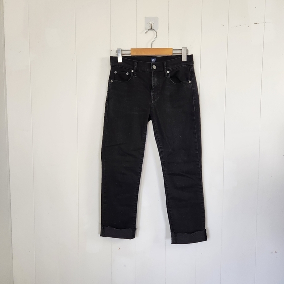 Gap Black Straight Leg Mid Rise Stretchy Jeans Cropped Crops Frayed Raw Hem 90s - Picture 13 of 14